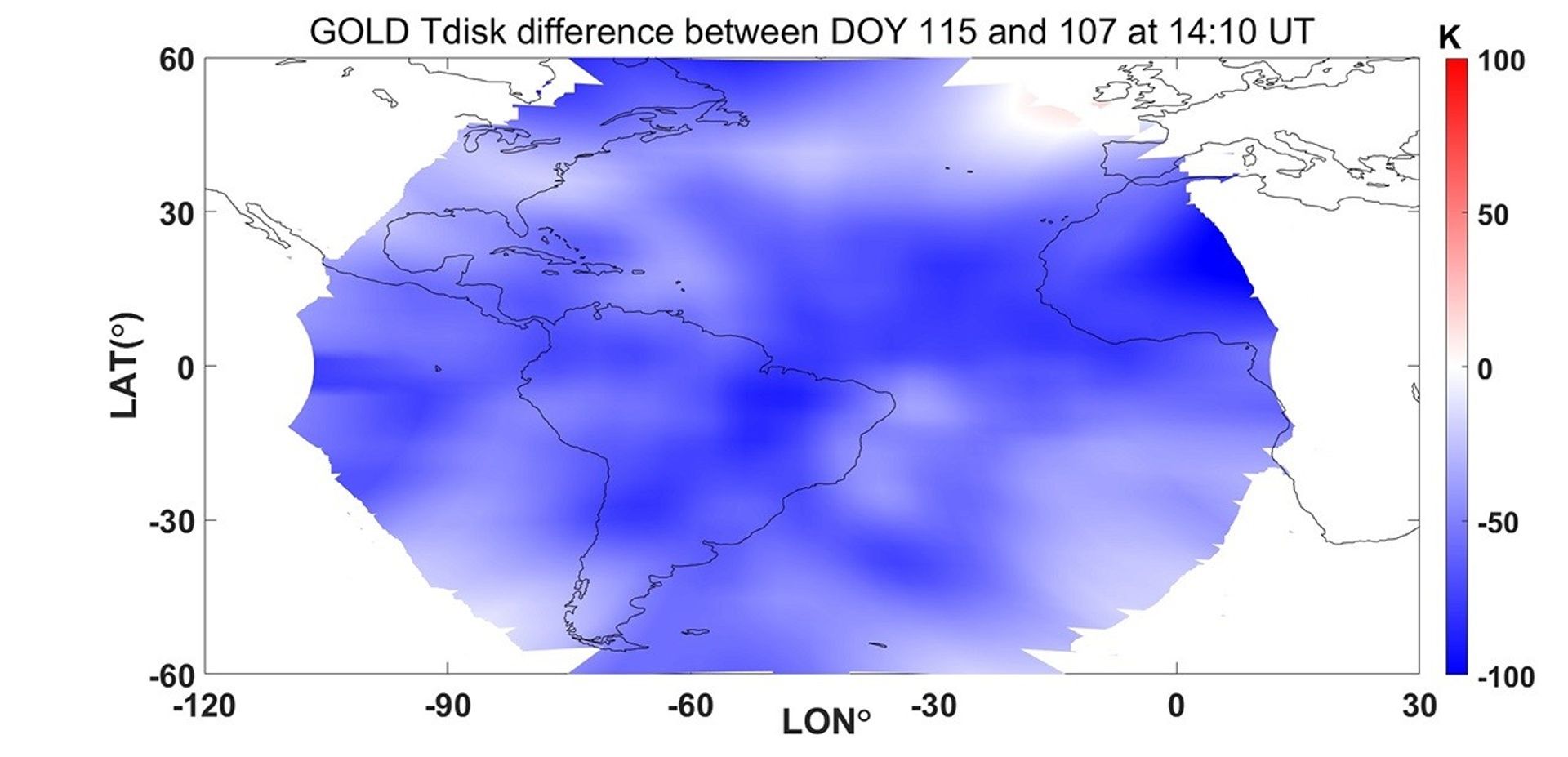 A rectangular map shows most of the western hemisphere of Earth, with the continents of North America and South America outlined on the left and the continents of Europe and Africa outlined on the right. Overlaid on the center of the map, covering much of the Atlantic Ocean and parts of the continents, is a blue oval with darker and lighter patches. On the right is a scale bar representing temperatures from -100 Kelvin at the bottom mapped to dark blue, -50 Kelvin to lighter blue, 0 Kelvin to white, 50 Kelvin to light red, and 100 Kelvin to dark red.